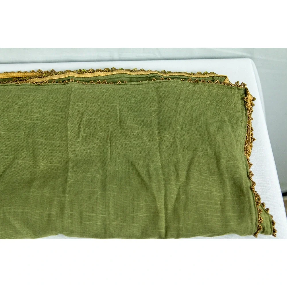 Vintage Green Square Scarf Gold Beaded Scalloped Trim Sheer Olive Boho Wrap
